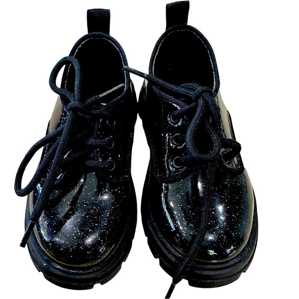 Zara kids‎ girls sparkly black faux patent oxfords lace up shoes EU 22